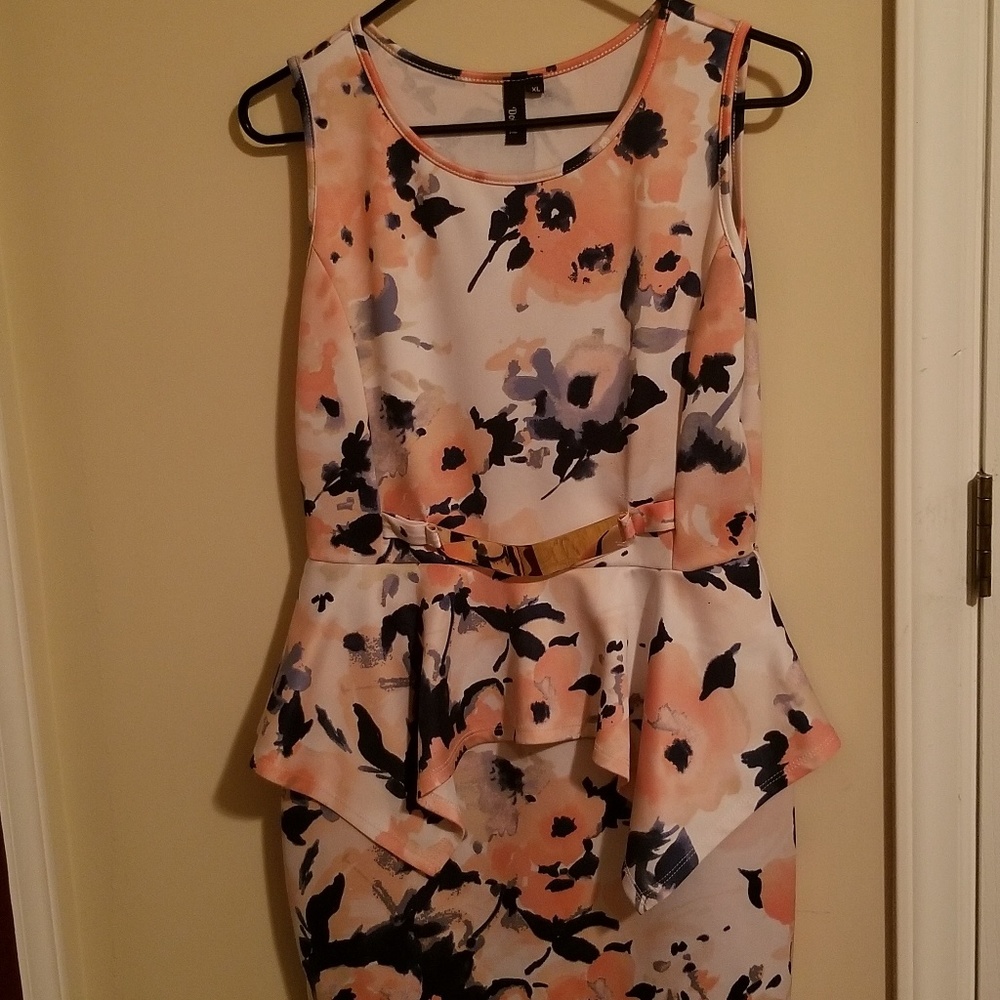 Pink and blue peplum dress with gold cuff